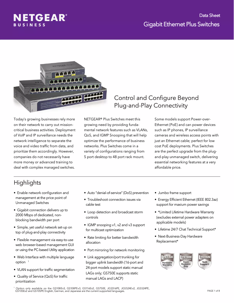 First page image of the manual for ProSafe GS108Ev3