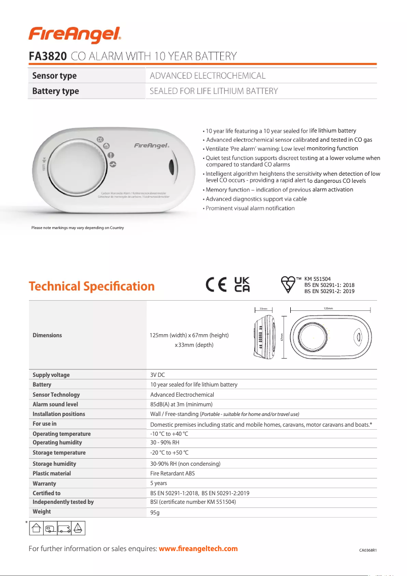 Page 1 of the manual Technical Sheet FireAngel FA3820