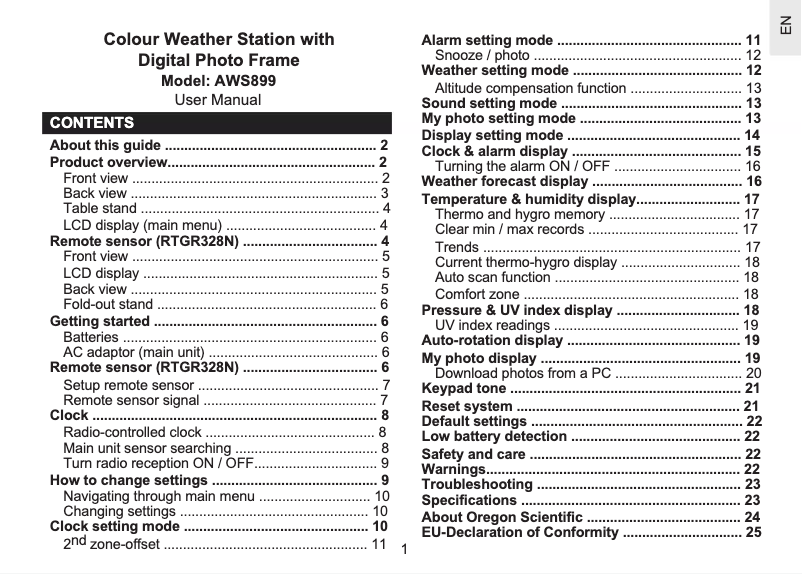 Page 1 of the manual User Manual Oregon Scientific AWS899