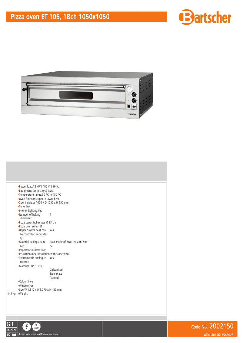 Page 1 of the manual Technical Sheet Bartscher ET 105