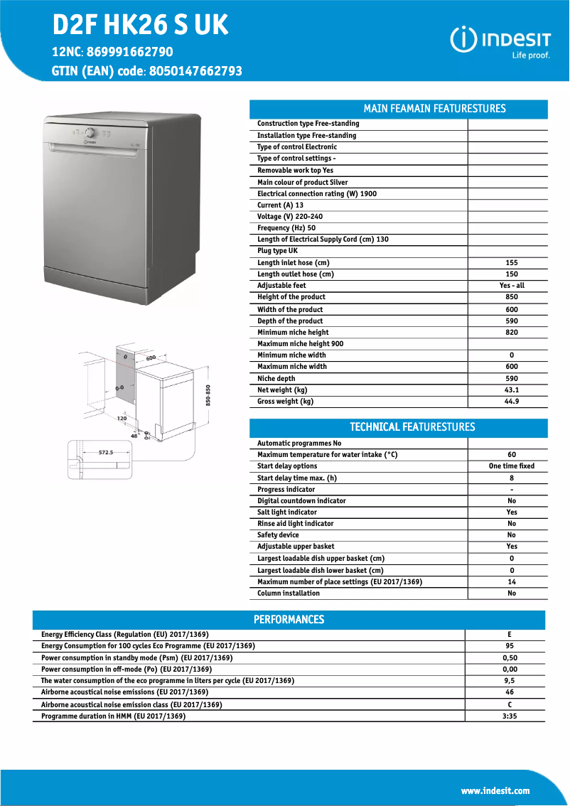 Page 1 of the manual Technical Sheet Indesit D2F HK26 S