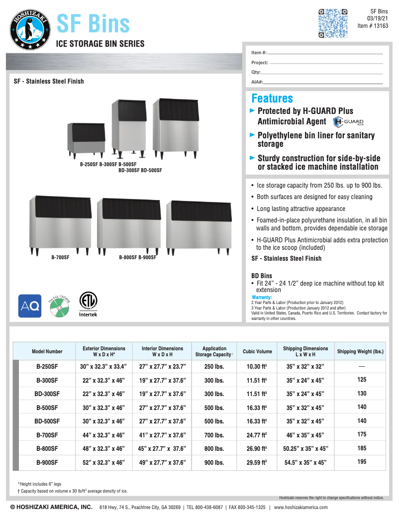 Page 1 of the manual Technical Sheet Hoshizaki B-500SF