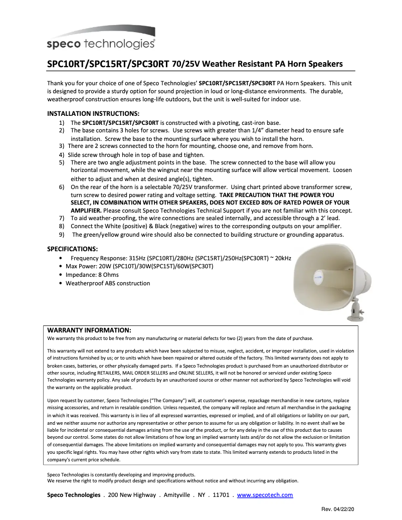 Page 1 of the manual User Manual Speco Technologies SPC10RT
