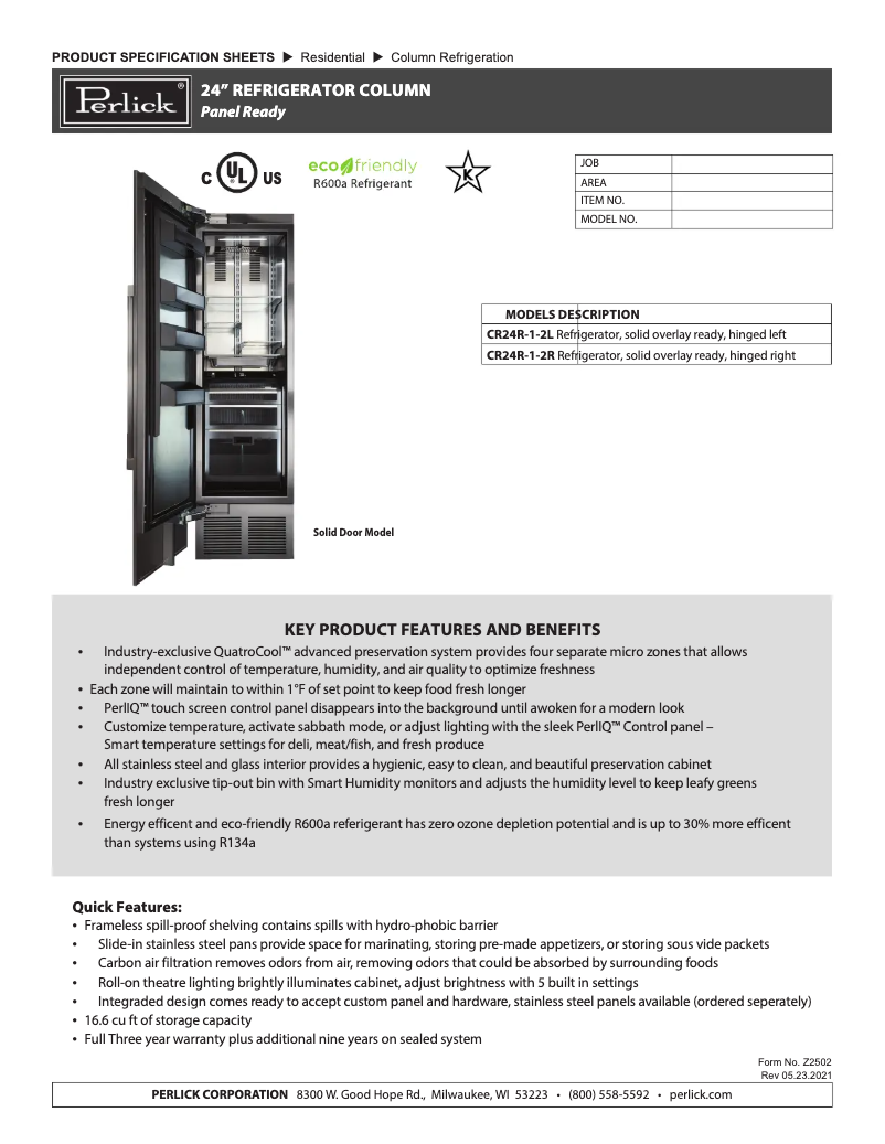 Page 1 of the manual Technical Sheet Perlick CR24R-1-2R