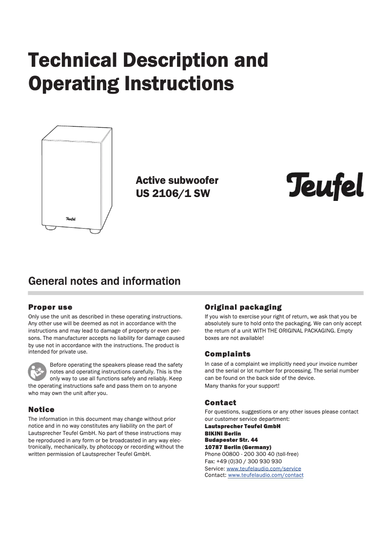 Page 1 of the manual User Manual Teufel US 2106/1 SW