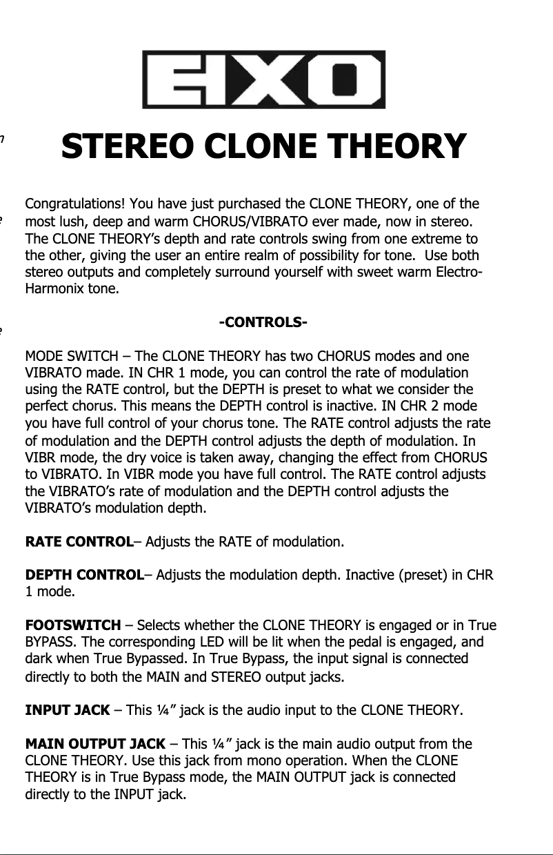 First page image of the manual for Stereo Clone Theory