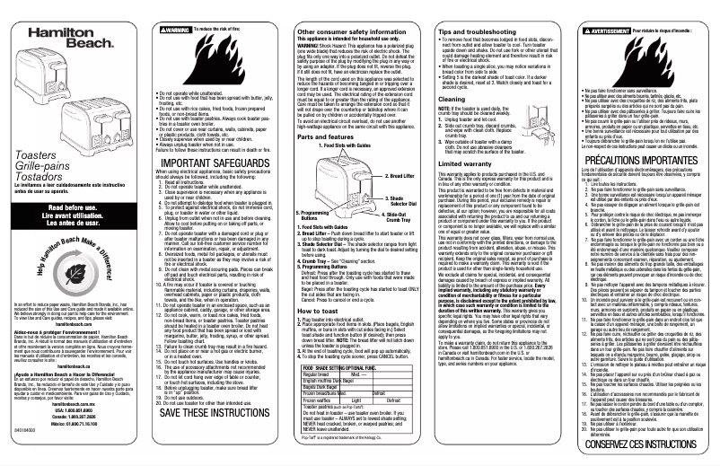 Image de la première page du manuel de l'appareil Smart Toast 24601