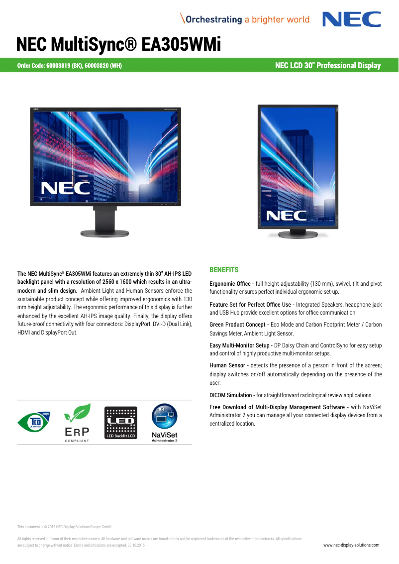 First page image of the manual for MultiSync EA305WMi