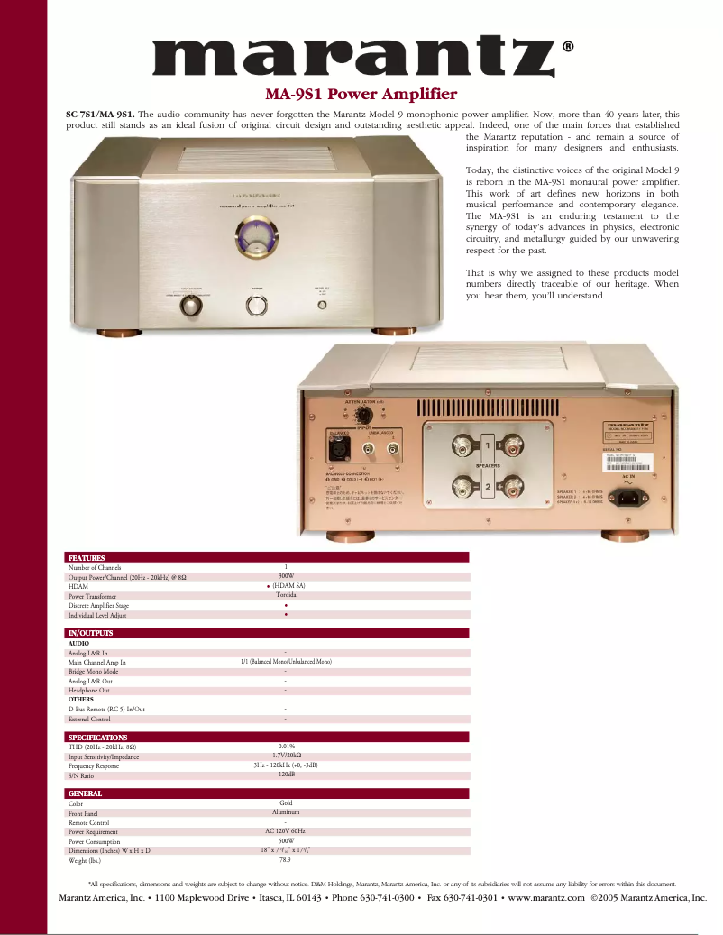 Page 1 of the manual Technical Sheet Marantz MA-9S1