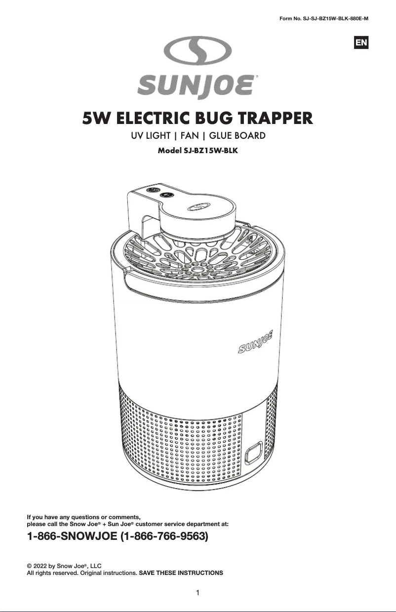 Page 1 of the manual User Manual Sun Joe SJ-BZ15W-WHT