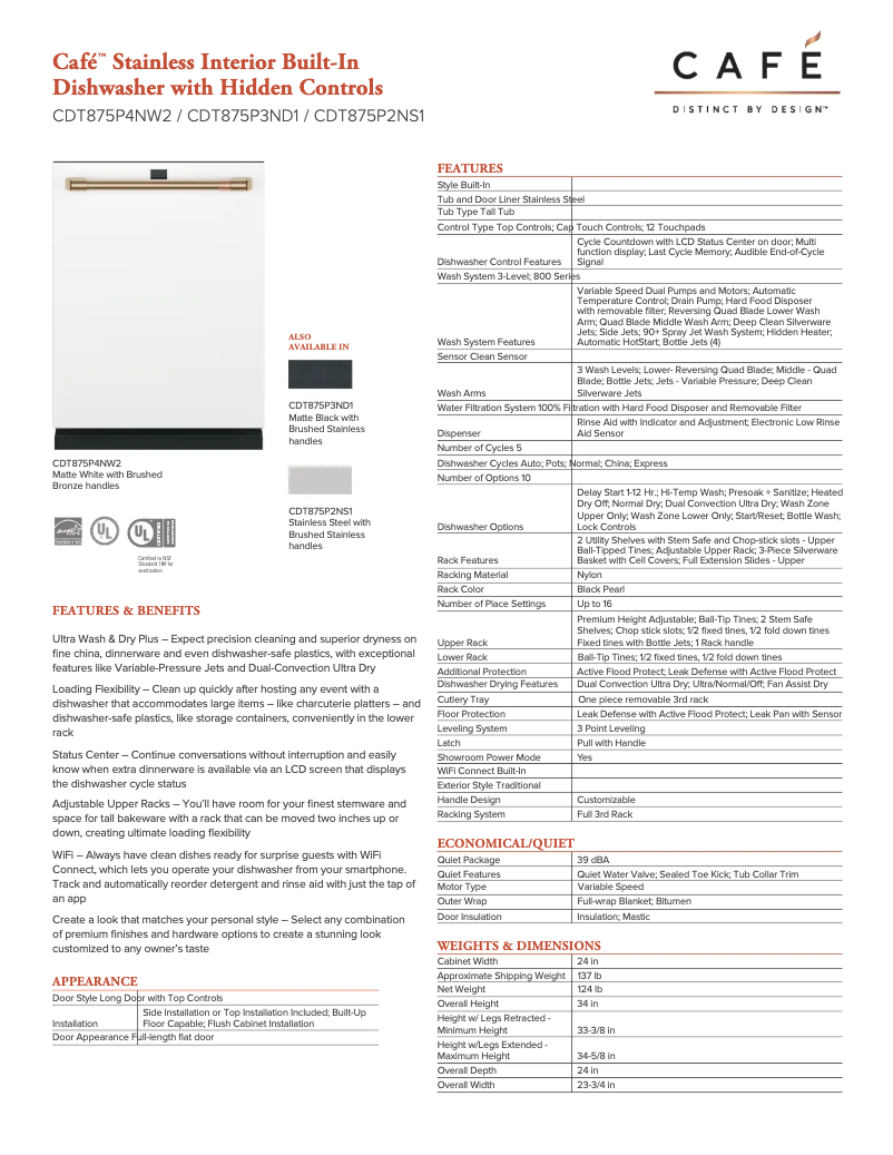 Page 1 of the manual Technical Sheet GE CDT875P2NS1