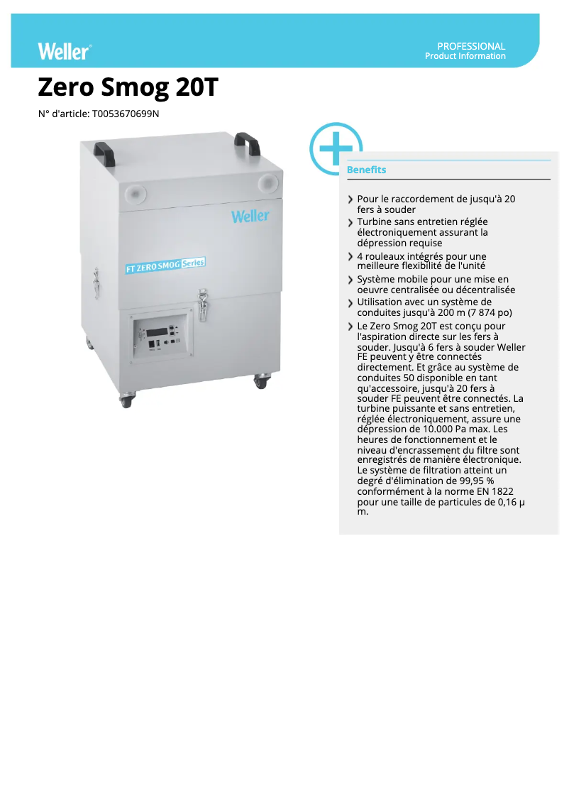 Page 1 of the manual Technical Sheet Weller Zero Smog 20T