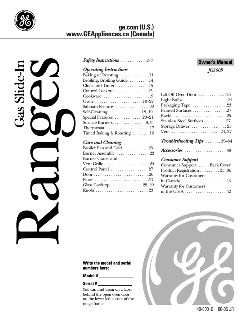 First page image of the manual for JGS905BEKBB