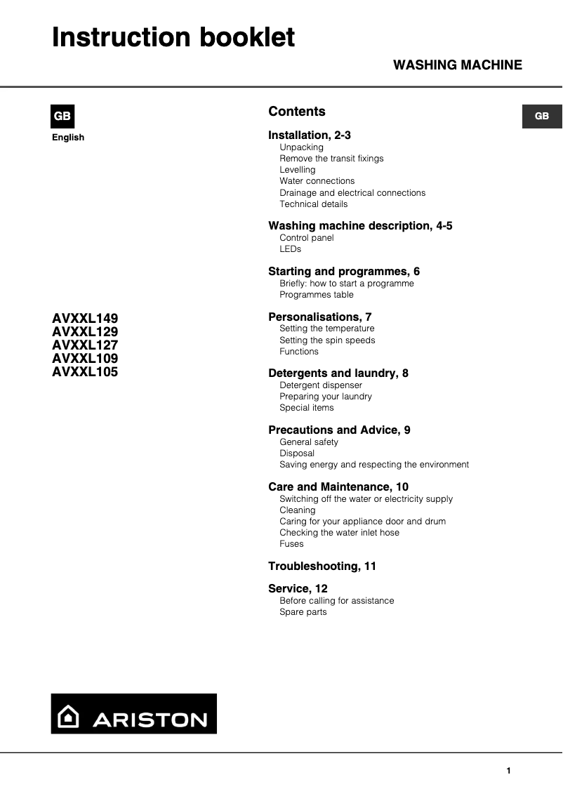 Page 1 of the manual User Manual Ariston Thermo AVXXL127