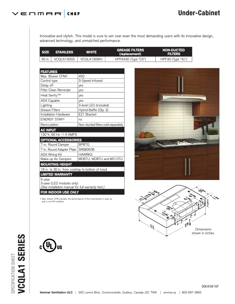 Page 1 of the manual Technical Sheet Venmar Chef VCQLA130WH