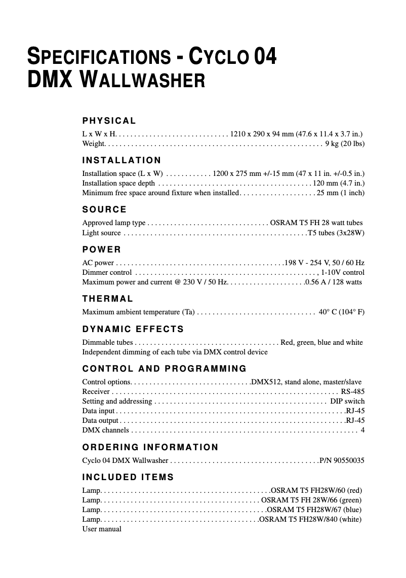 Page 1 of the manual Technical Sheet Martin Cyclo 04 DMX Wallwasher