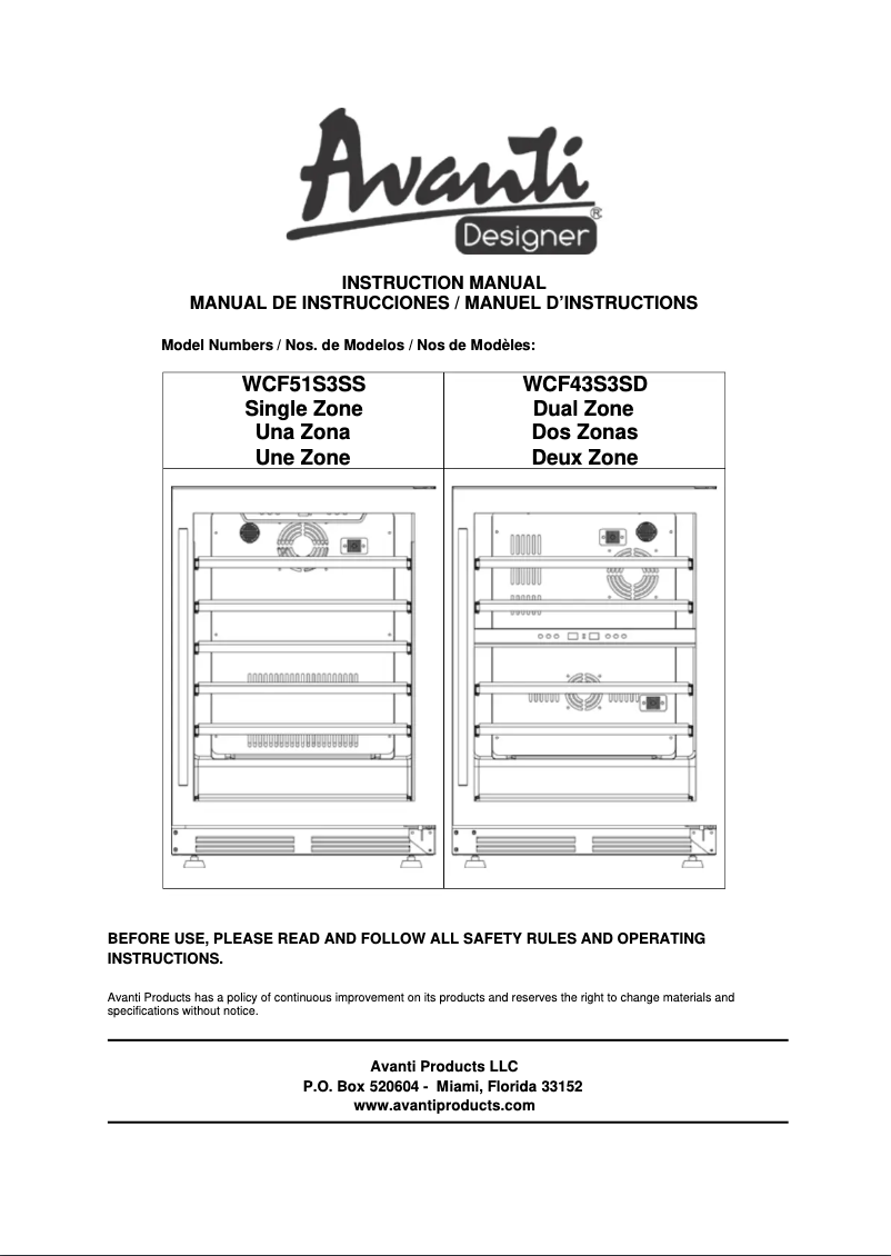 Page 1 of the manual User Manual Avanti WCF43S3SD