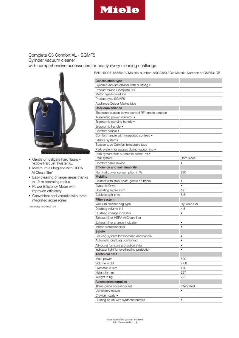Page 1 of the manual Technical Sheet Miele Complete C3 Comfort XL