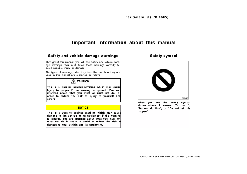 Page 1 of the manual User Manual Toyota Solara (2007)