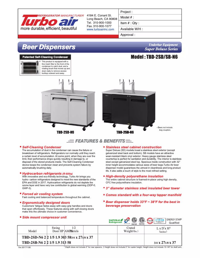 Page 1 of the manual Technical Sheet Turbo air TBD-2SD