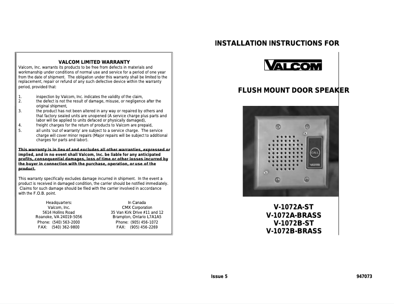 First page image of the manual for V-1072B