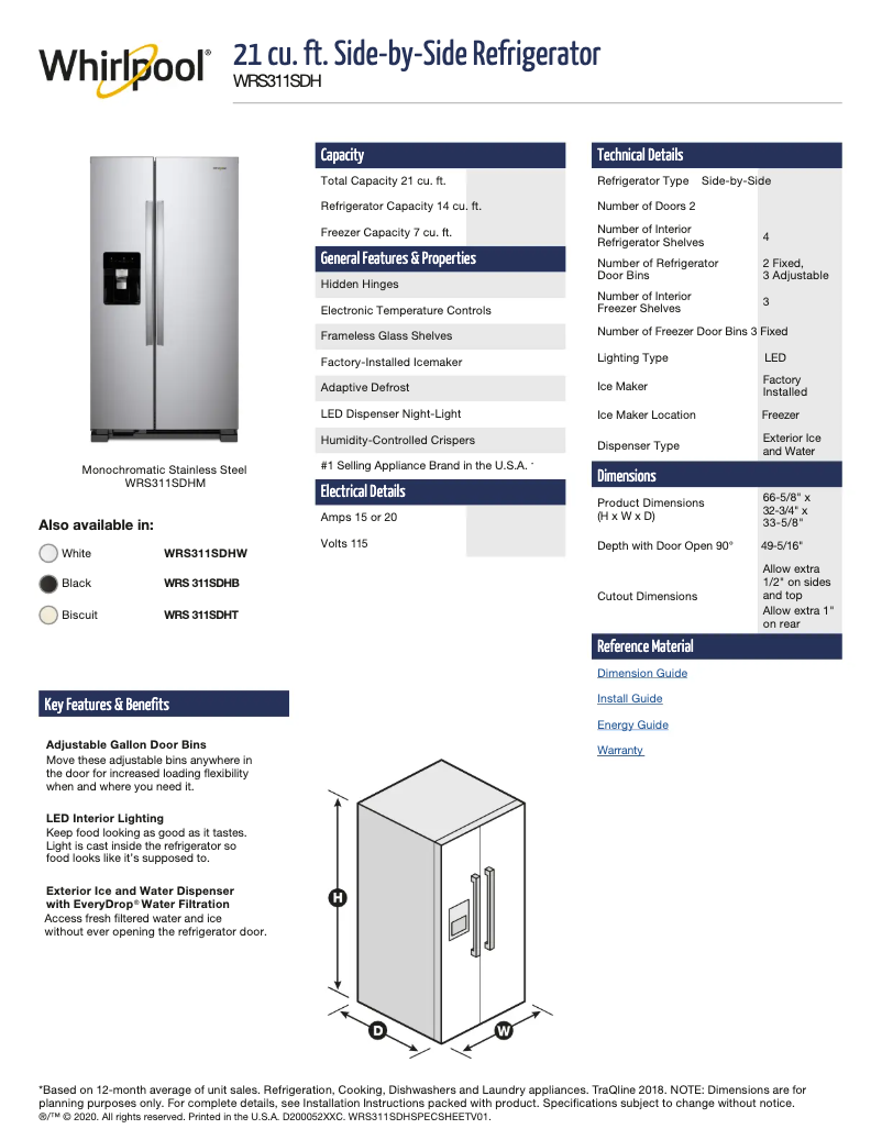 Page 1 of the manual Technical Sheet Whirlpool WRS311SDHM