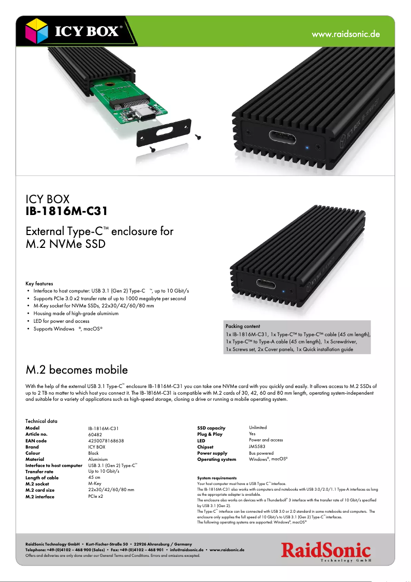 Page 1 of the manual Technical Sheet Icy Box IB-1816M-C31