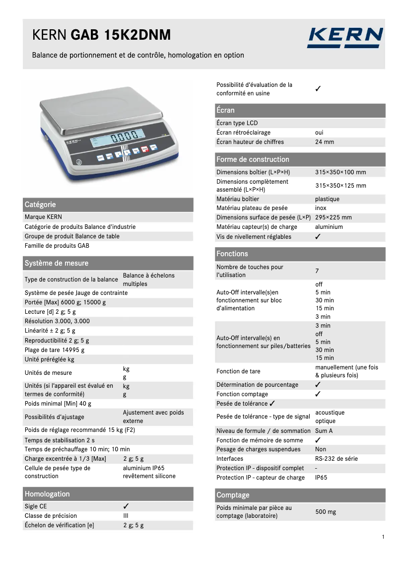 Page 1 of the manual Technical Sheet Kern GAB 15K2DNM