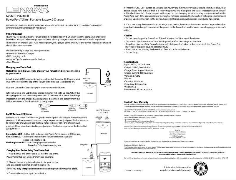 Page 1 of the manual User Manual Lenmar PowerPort Slim