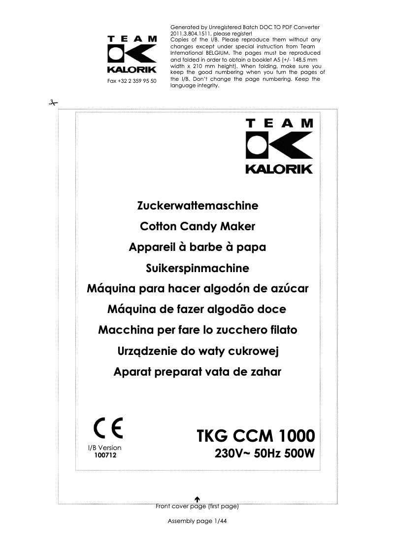 Page 1 de la notice Manuel utilisateur Kalorik TKG CCM 1000