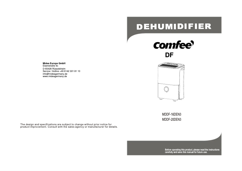 First page image of the manual for MDDF-16DEN3