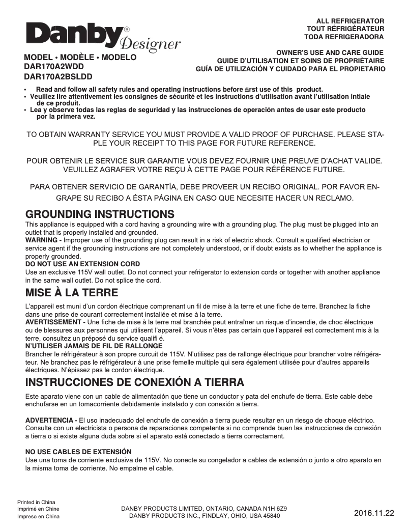 First page image of the manual for DAR170A2