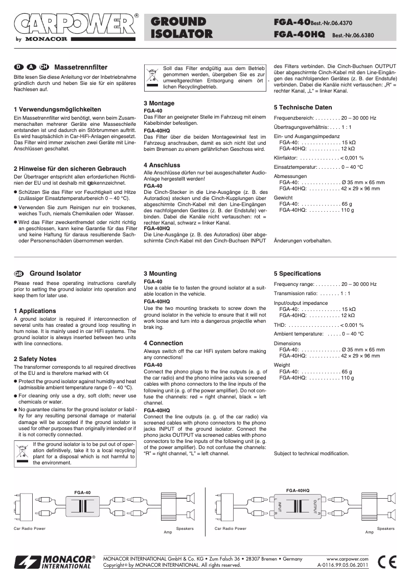 Page 1 of the manual User Manual Monacor FGA-40HQ