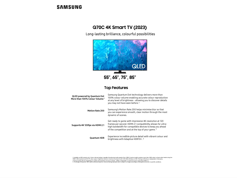 Page 1 of the manual Technical Sheet Samsung QA85Q70CAW