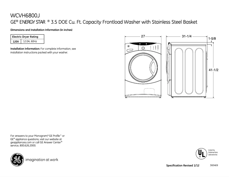 Page 1 of the manual Technical Sheet GE WCVH6800JMV