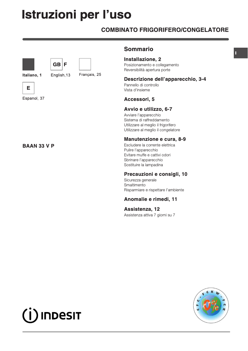 Page 1 of the manual User Manual Indesit BAAN 33 VPS