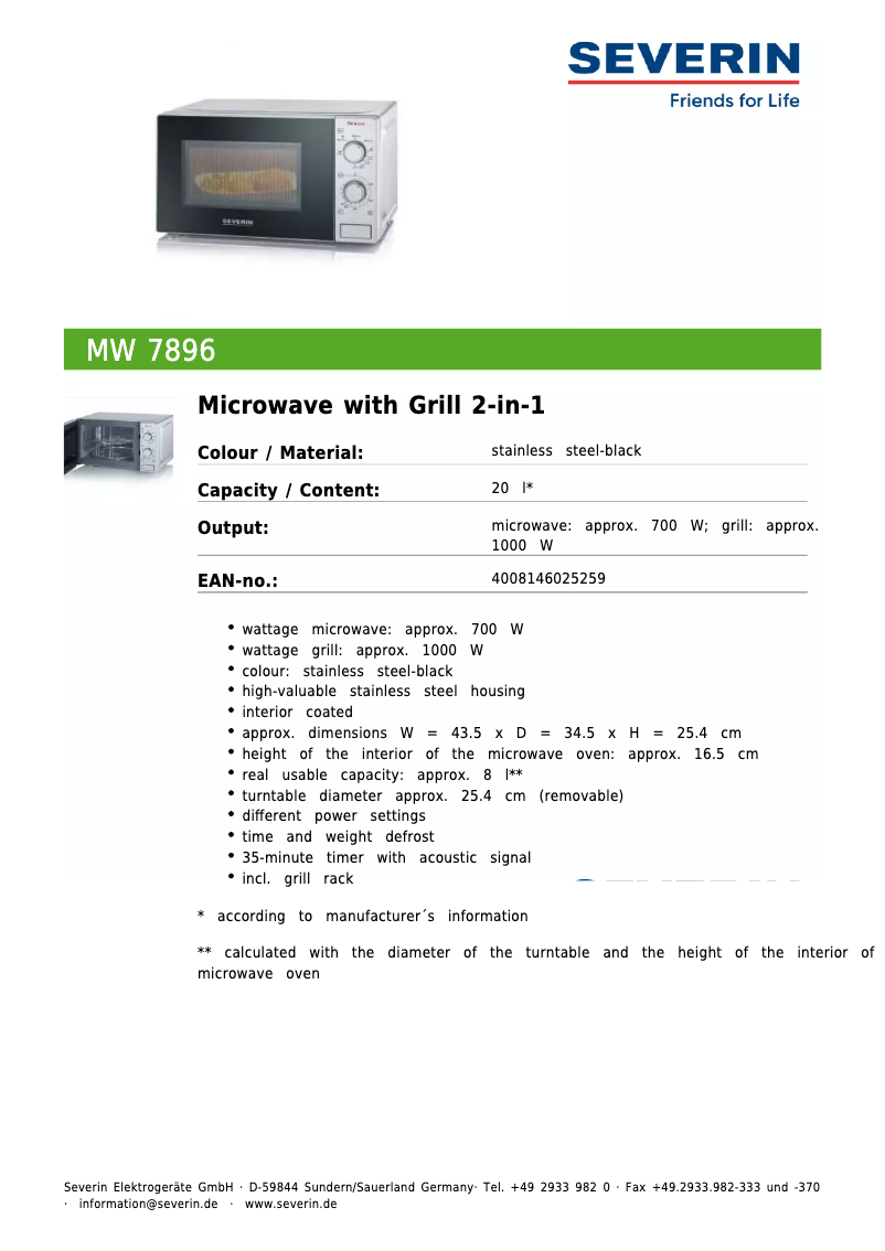 Page 1 of the manual Technical Sheet Severin MW 7896