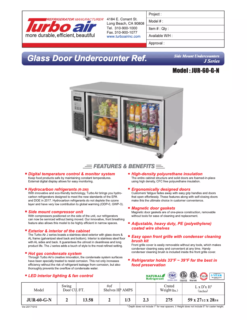 Page 1 of the manual Technical Sheet Turbo air JUR-60-G