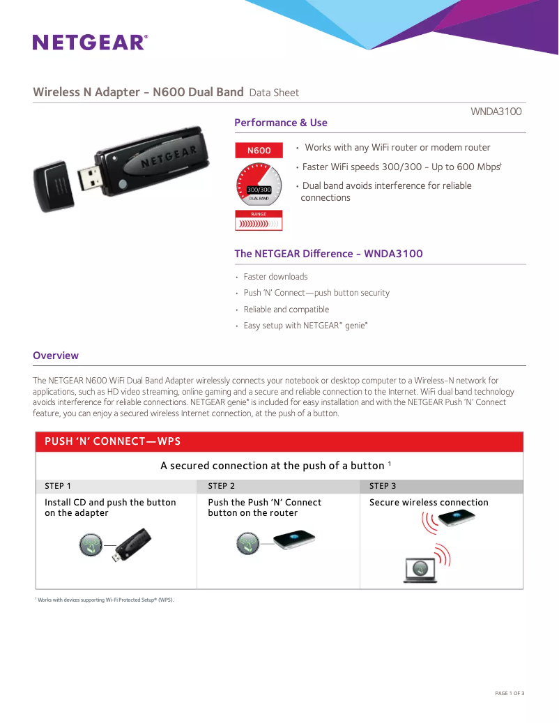 Page 1 of the manual Technical Sheet Netgear WNDA3100v3