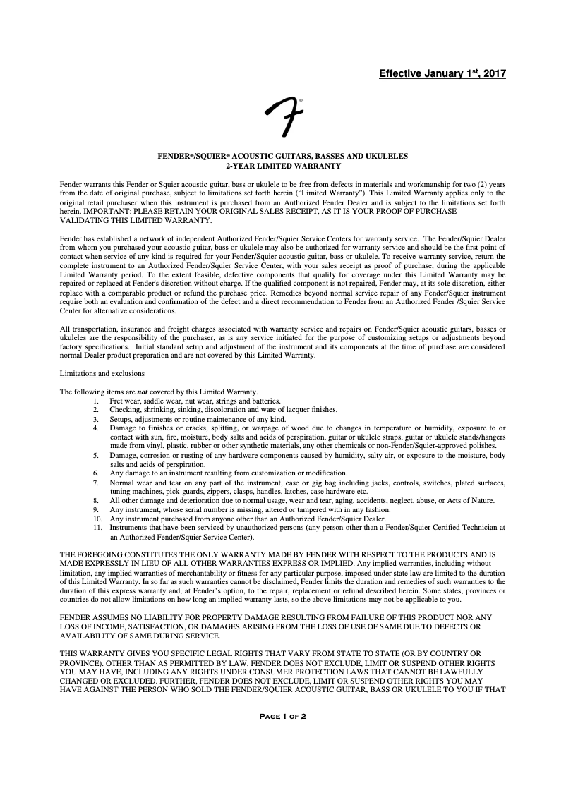 Page 1 of the manual Warranty Information Fender Redondo Special Mahogany