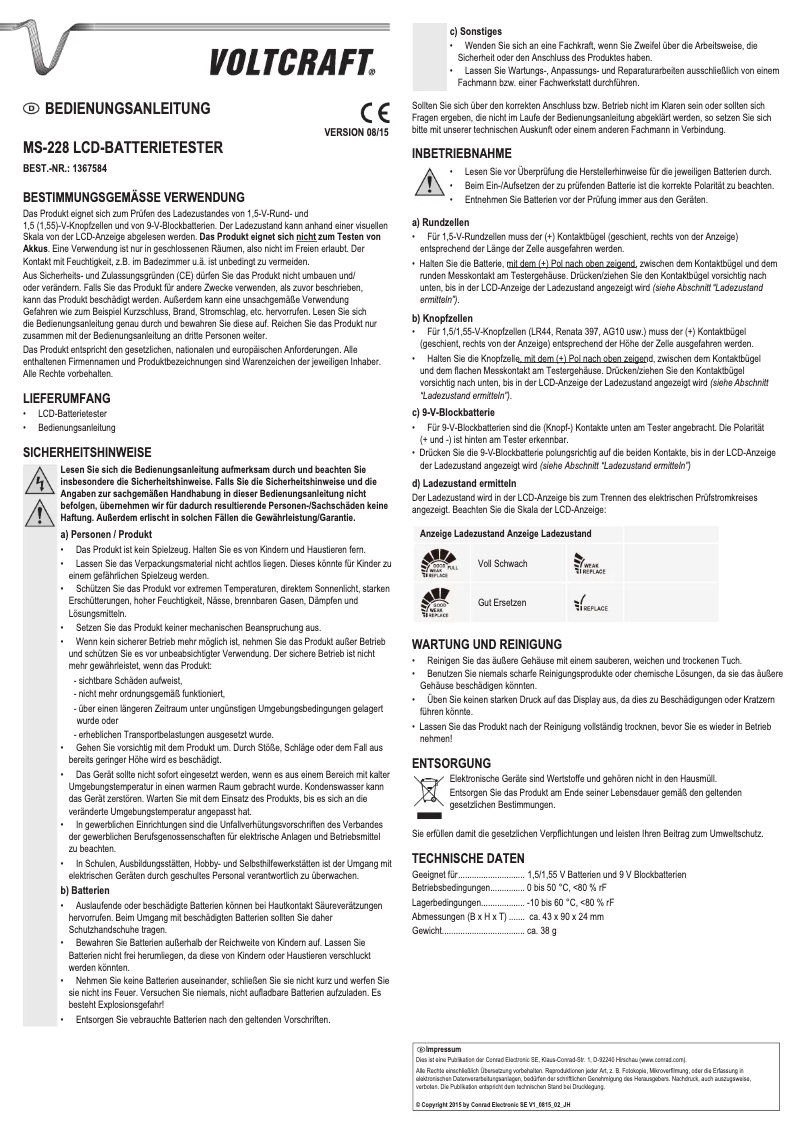Page 1 of the manual User Manual Voltcraft MS228