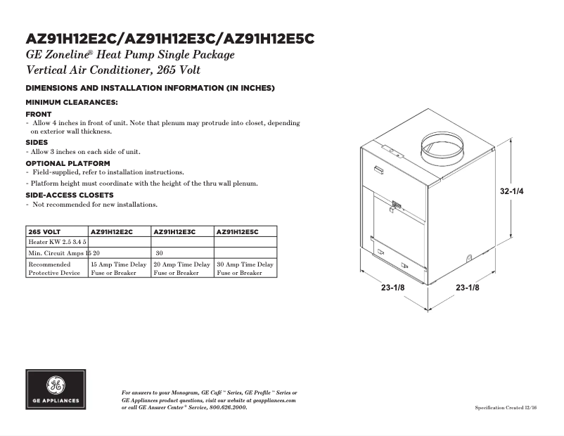 Page 1 of the manual Technical Sheet GE AZ91H12E2C
