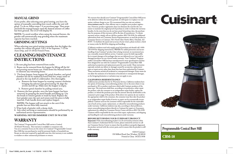 Page 1 of the manual User Manual Cuisinart CBM-18