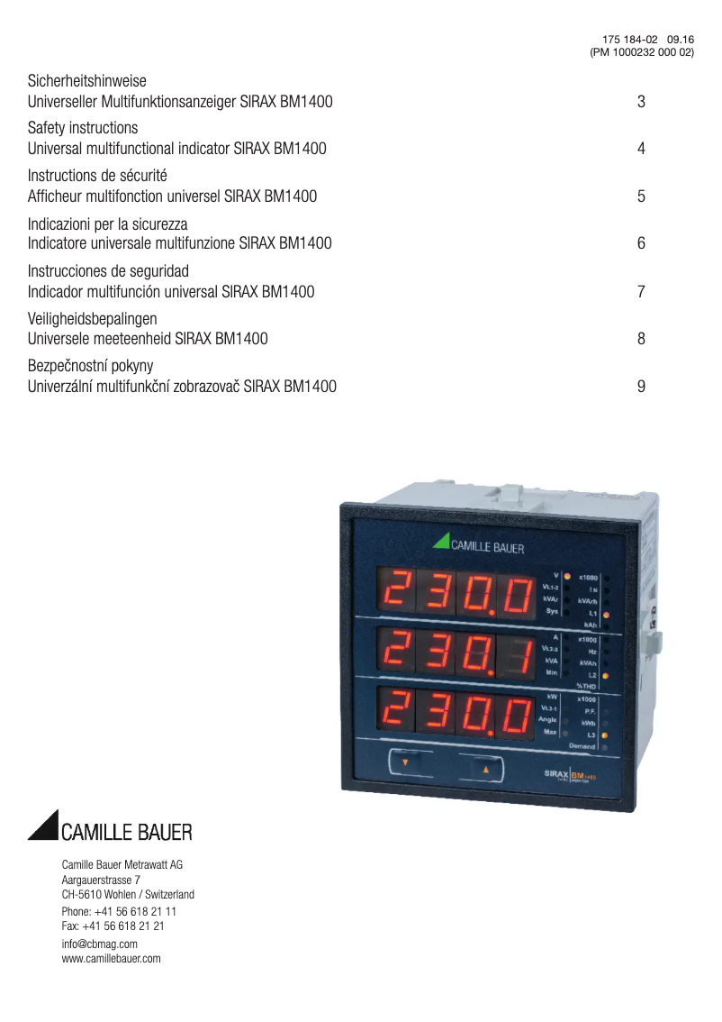 Page 1 of the manual Safety Instructions Camille Bauer SIRAX BM1400