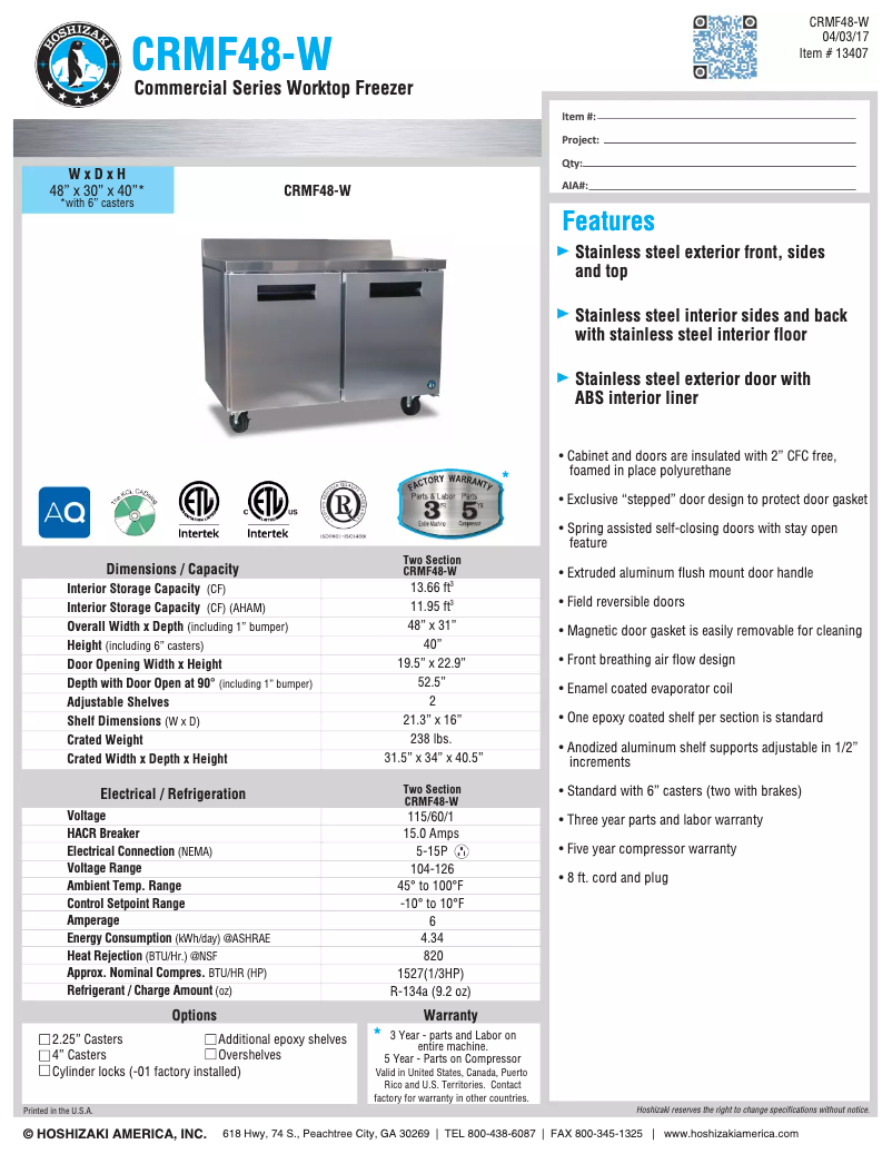 First page image of the manual for Commercial CRMF48-W