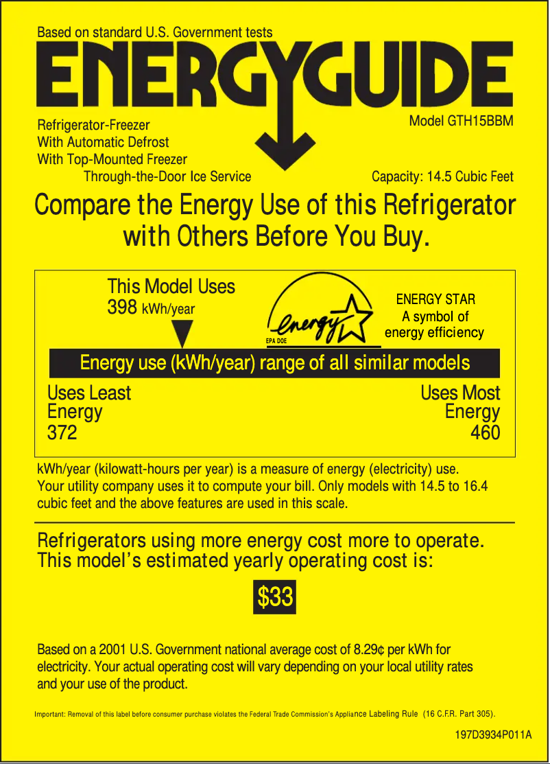 Page 1 of the manual Energy Label GE GTH15BBMLWW