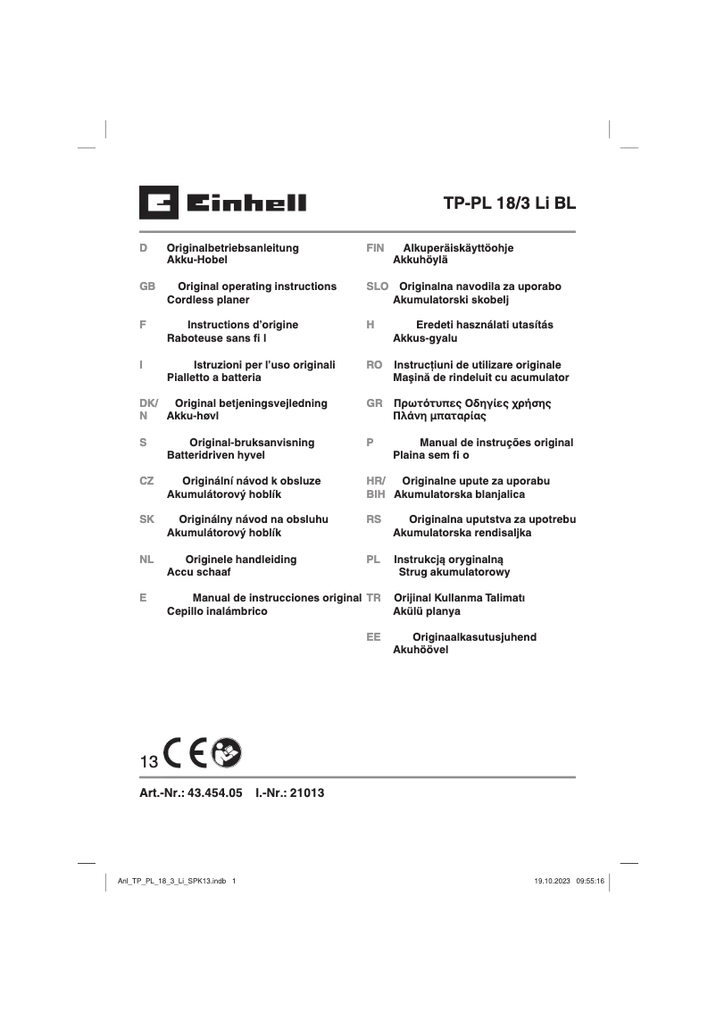 Page 1 of the manual User Manual Einhell TP-PL 18/3 Li BL