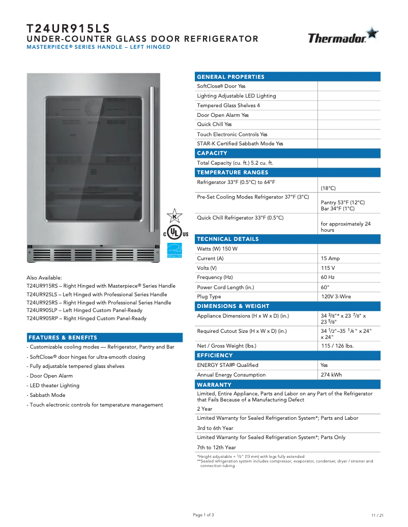 Page 1 of the manual Technical Sheet Thermador T24UR915LS