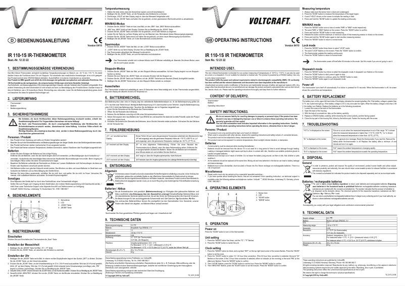 Page 1 of the manual User Manual Voltcraft IR 110-1S