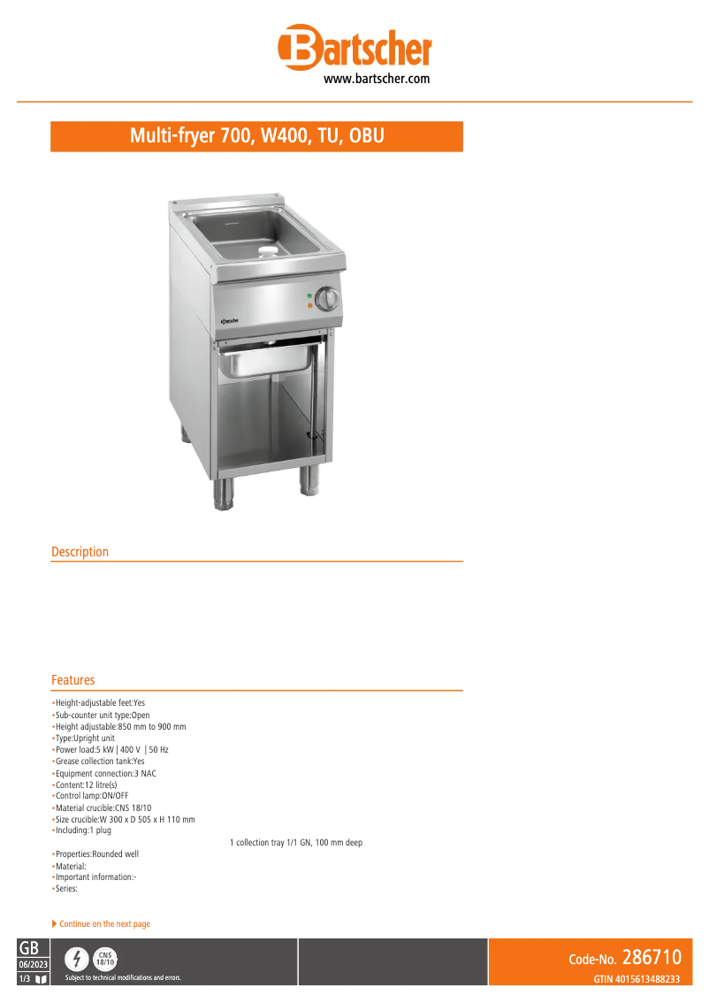Page 1 of the manual Technical Sheet Bartscher 286710